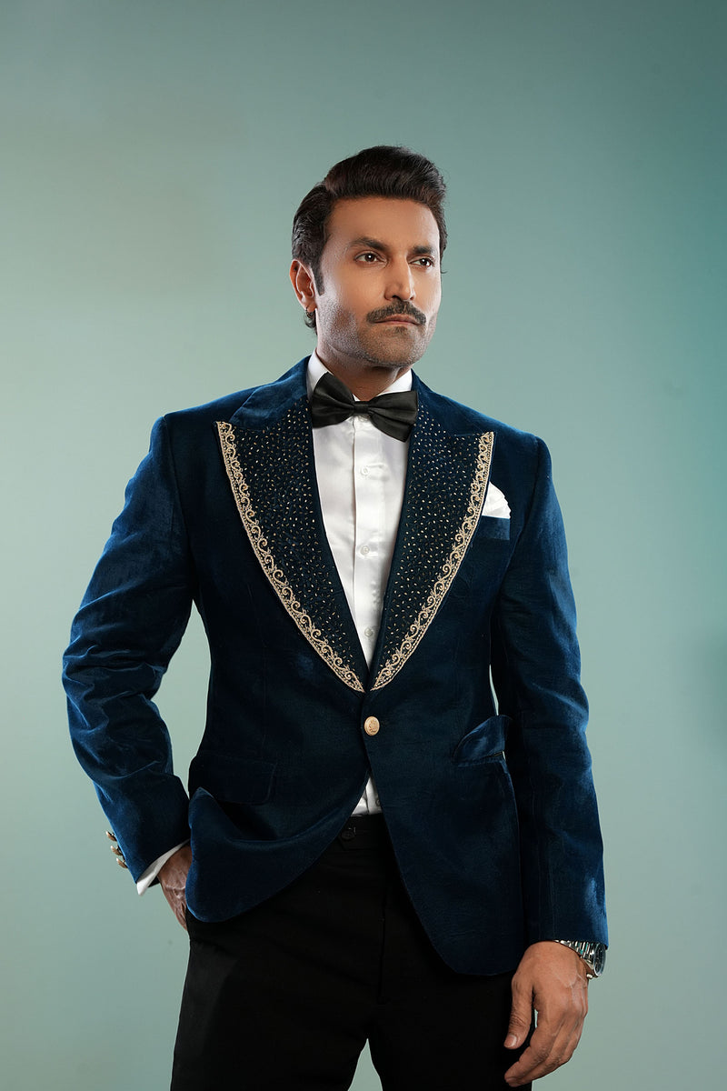 HF Designs Teal Blue Velvet Blazer With Gold Zari Embroidery