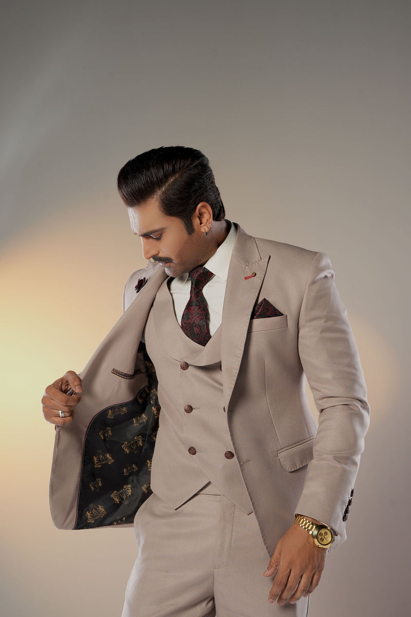 HF Designs Classic Beige Suit with Red Paisley Accents