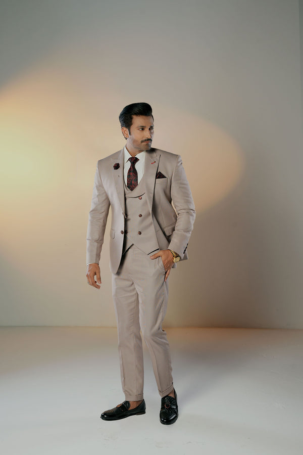 HF Designs Classic Beige Suit with Red Paisley Accents