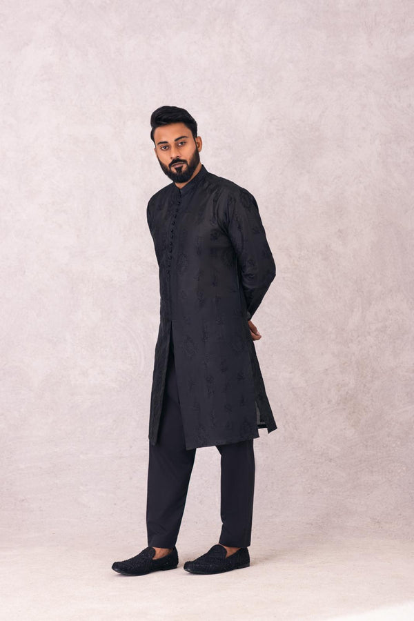 SHERWANI STYLE KURTA PAJAMA INDIAN RAW SILK CHIKEN KARI