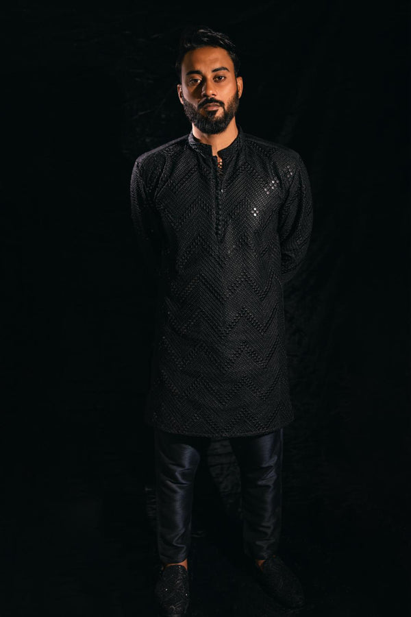 RAW SILK EMBROIDERED BLACK KURTA PAJAMA