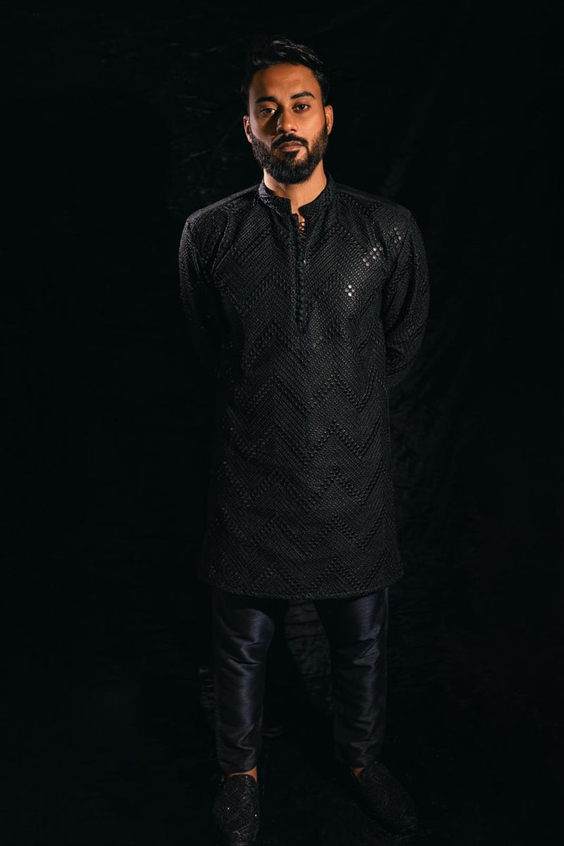 RAW SILK EMBROIDERED BLACK KURTA PAJAMA