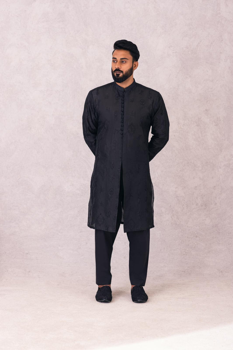 SHERWANI STYLE KURTA PAJAMA INDIAN RAW SILK CHIKEN KARI