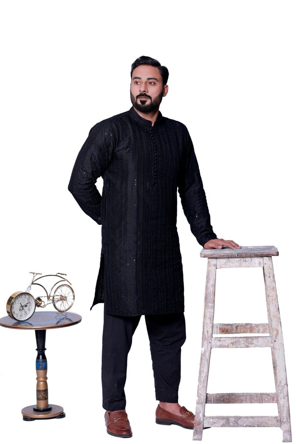 BLACK SEQUENCE EMBOSSED KURTA PAJAMA