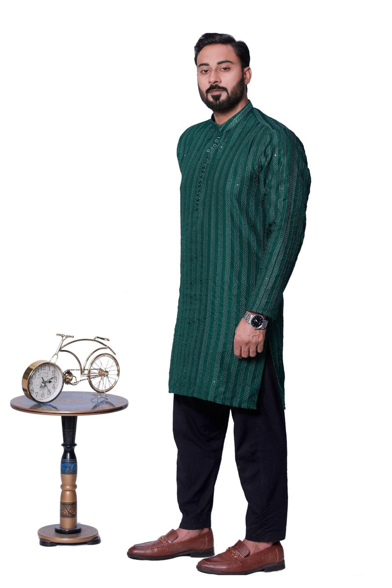 BOTTLE GREEN SEQUENCE EMBOSSED KURTA PAJAMA.