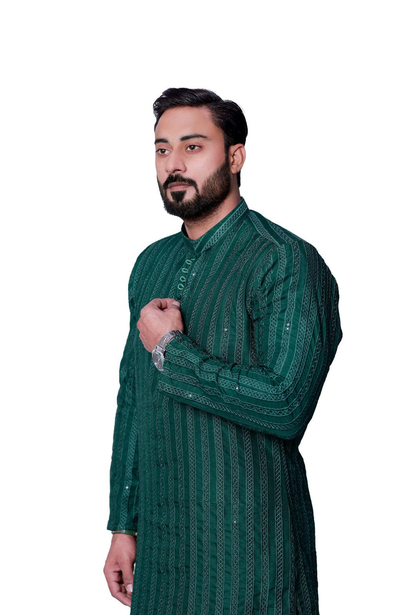 BOTTLE GREEN SEQUENCE EMBOSSED KURTA PAJAMA.