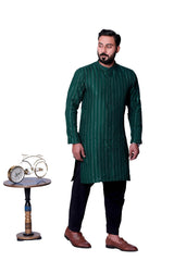 BOTTLE GREEN SEQUENCE EMBOSSED KURTA PAJAMA.