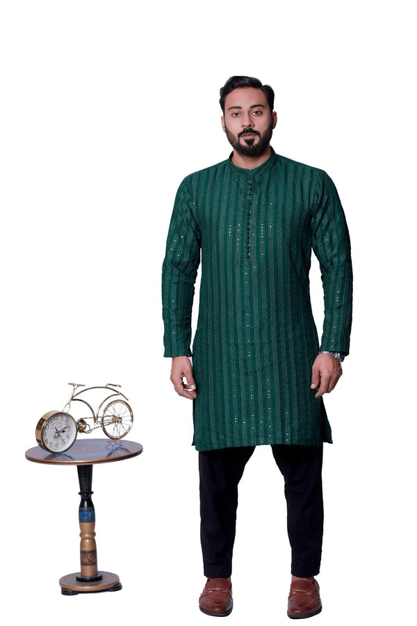 BOTTLE GREEN SEQUENCE EMBOSSED KURTA PAJAMA.