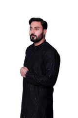 JET BLACK SEQUENCE EMBOSSED KURTA PAJAMA BACK RAW SILK.