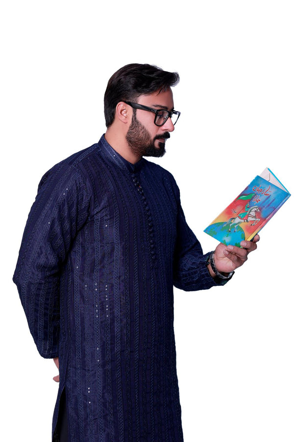 BLUE SEQUENCE EMBOSSED KURTA PAJAMA.