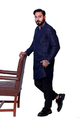 BLUE SEQUENCE EMBOSSED KURTA PAJAMA.