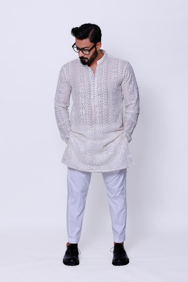 MILKY WHITE SEQUENCE EMBELLISHED EMBOSSED KURTA PAJAMA