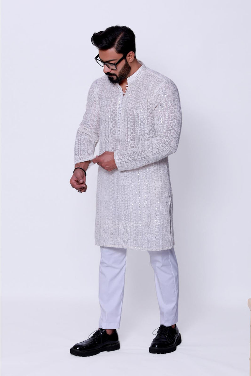 MILKY WHITE SEQUENCE EMBELLISHED EMBOSSED KURTA PAJAMA