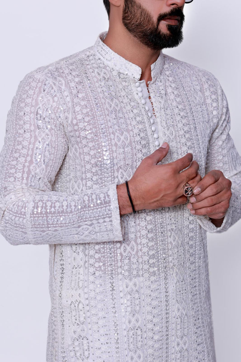 MILKY WHITE SEQUENCE EMBELLISHED EMBOSSED KURTA PAJAMA