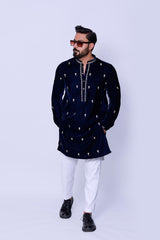 BLUE VELVET EMBROIDERED KURTA WITH PAJAMA.