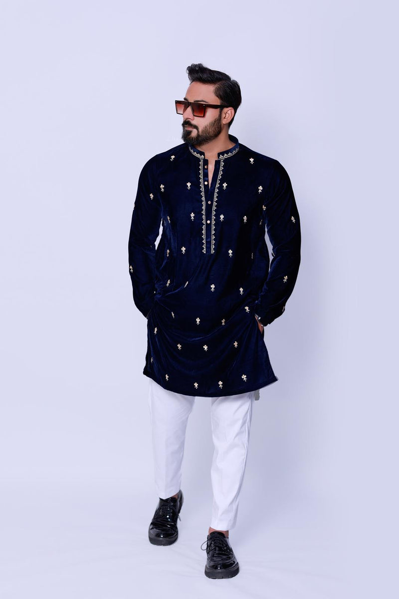 BLUE VELVET EMBROIDERED KURTA WITH PAJAMA.