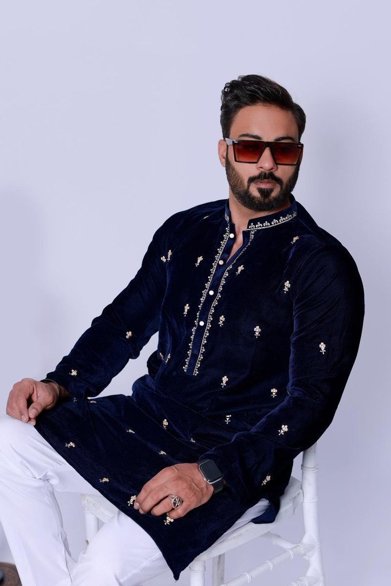 BLUE VELVET EMBROIDERED KURTA WITH PAJAMA.