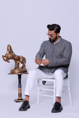 GREY SEQUENCE EMBELLISHED EMBOSSED KURTA PAJAMA.