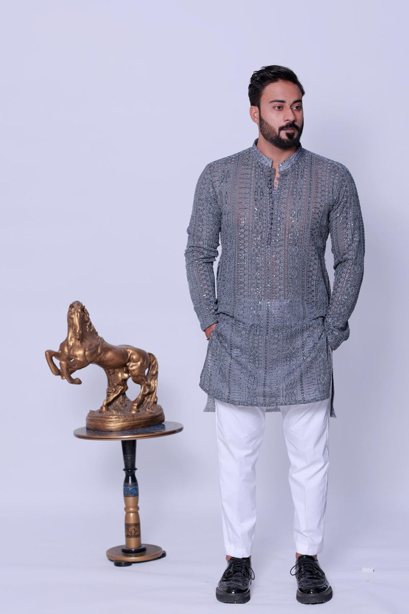 GREY SEQUENCE EMBELLISHED EMBOSSED KURTA PAJAMA.