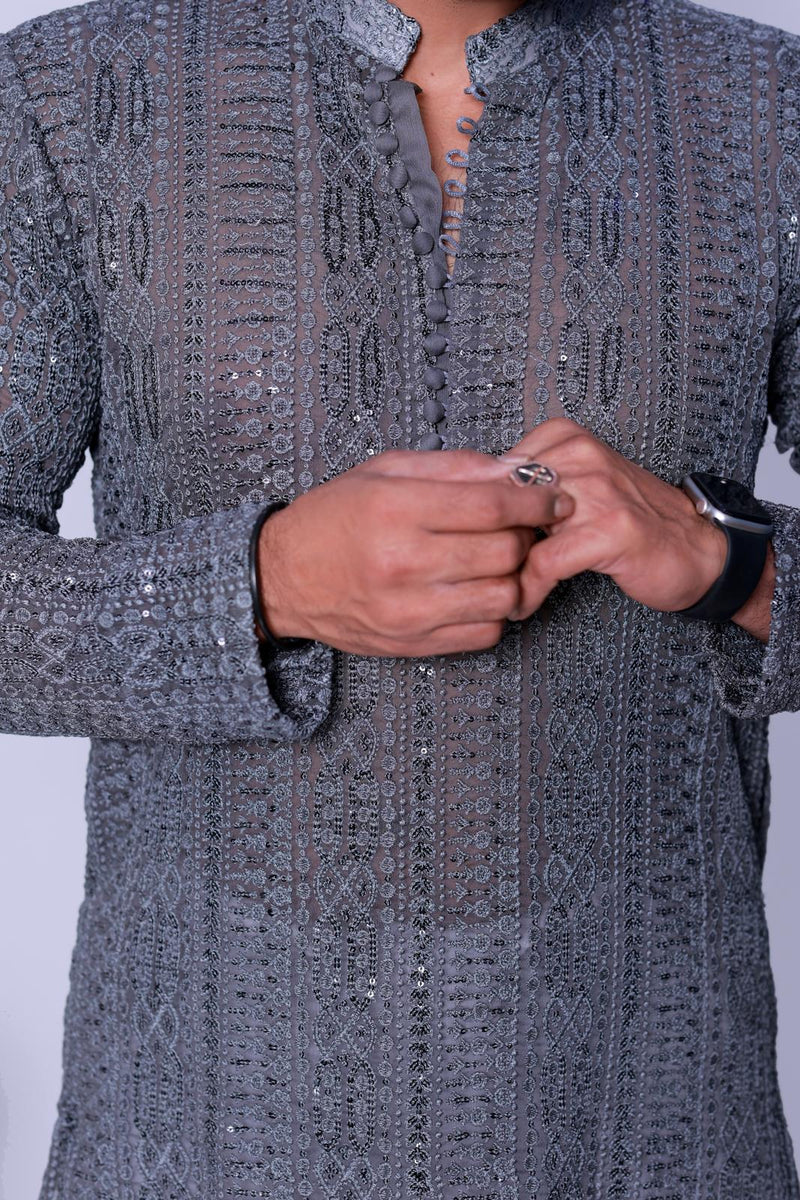 GREY SEQUENCE EMBELLISHED EMBOSSED KURTA PAJAMA.