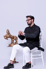 ASH BLACK SEQUENCE EMBELLISHED EMBOSSED KURTA PAJAMA