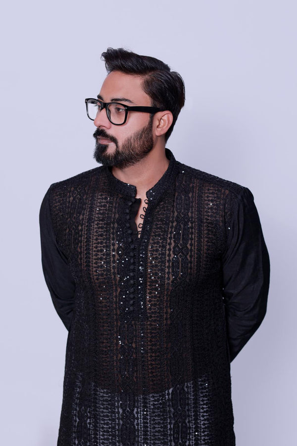 ASH BLACK SEQUENCE EMBELLISHED EMBOSSED KURTA PAJAMA